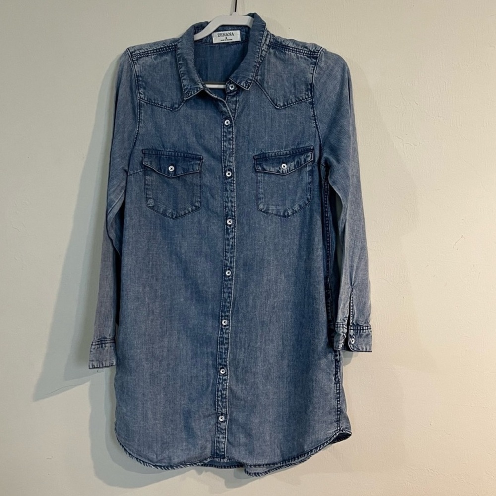 Zenana Acid Wash Chambray Long Button